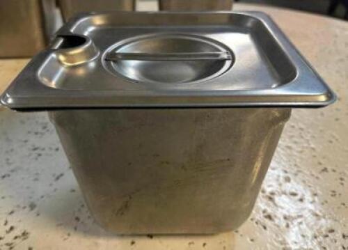 (6) 1/6TH SIZE STAINLESS INSERTS W/ LIDS.