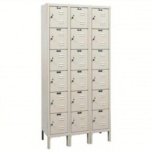 DESCRIPTION: (1) LOCKER BOXES BRAND/MODEL: HALLOWELL #4HE22 INFORMATION: TAN SIZE: 36 IN X 15 IN X 78 IN, 6 TIERS, 3 UNITS WIDE, LOUVERED, PADLOCK HAS