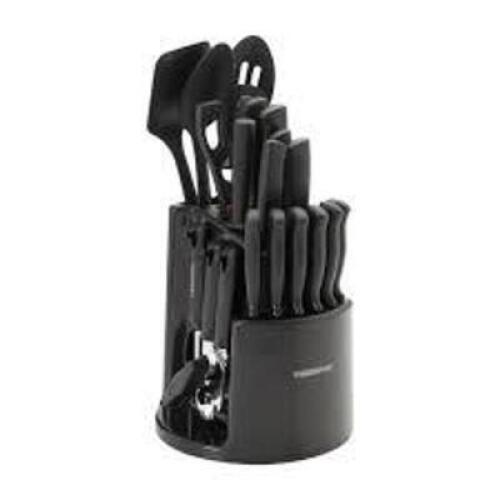 DESCRIPTION: (1) CLASSIC CAROUSEL CUTLERY TOOL SET BRAND/MODEL: FARBERWARE INFORMATION: BLACK/STAINLESS SIZE: 8.26"X 8.26"X 9.05"H RETAIL$: $57.82 EA