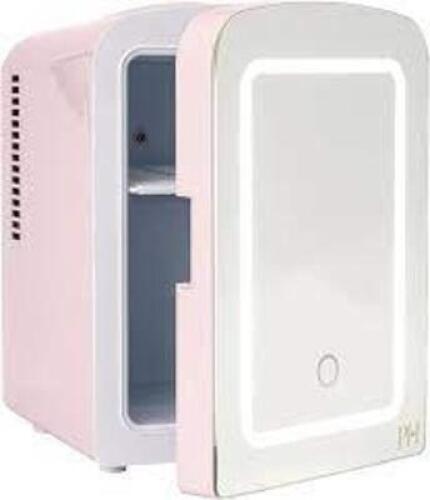 DESCRIPTION: (1) MINI FRIDGE BRAND/MODEL: PARIS HILTON INFORMATION: WHITE WITH LIGHT UP MIRROR FRONT SIZE: 6 CAN CAPACITY RETAIL$: $48.47 EA QTY: 1
