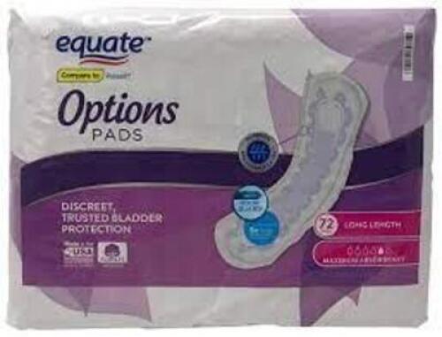 DESCRIPTION: (1) PACK OF (72) BLADDER PROTECTION PADS BRAND/MODEL: EQUATE OPTIONS INFORMATION: MODERATE ABSORBENCY RETAIL$: $32.95 EA QTY: 1