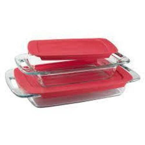 DESCRIPTION: (2) PACKS OF (2) EASY GRAB BAKING SET BRAND/MODEL: PYREX/15657939 INFORMATION: RED & CLEAR/4-PIECES/OBLONG SIZE: 13" X 9" X 2" [3QT] 11"