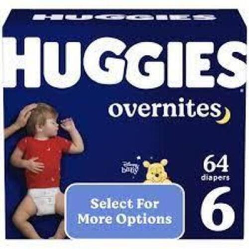 DESCRIPTION: (1) CASE OF (64) DIAPERS BRAND/MODEL: HUGGIES OVERNIGHTS SIZE: SIZE 6 RETAIL$: $50.99 EA QTY: 1