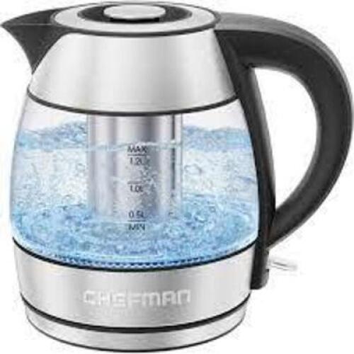 DESCRIPTION: (1) ELECTRIC KETTLE BRAND/MODEL: CHEFMAN INFORMATION: STAINLESS STEEL FINISH SIZE: 1.2 LITER, 1500W/120V RETAIL$: $46.99 EA QTY: 1