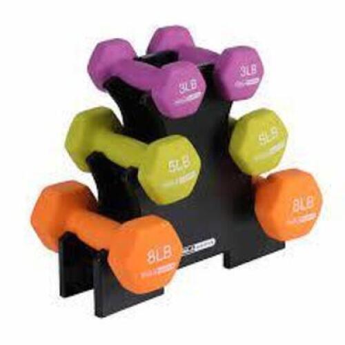 DESCRIPTION: (1) SET OF DUMBELLS AND STORAGE RACK BRAND/MODEL: HOLA HATHA #193802179675 INFORMATION: NEOPRENE SIZE: 3 LB, 5 LB, 8 LB RETAIL$: $52.99 E