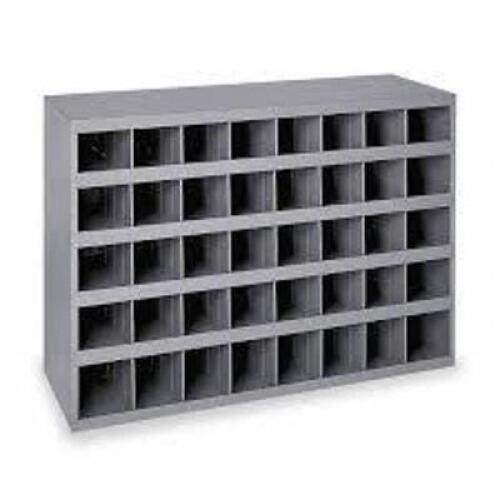 DESCRIPTION: (1) OPENING STORAGE BIN, PIGEON HOLEBRAND/MODEL: DURHAMINFORMATION: GRAY STEELSIZE: 48 COMPARTMENT, APPROX 12" X 24" X 34"RETAIL$: $399.52 EAQTY: 1
