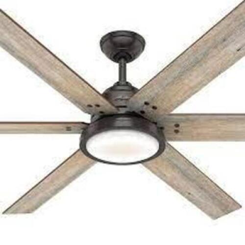DESCRIPTION: (1) CEILING FAN WITH REVERSIBLE BLADES BRAND/MODEL: HUNTER INFORMATION: WARRANT, DRIFTED OAK BLADES OR BARNWOOD SIZE: 60" RETAIL$: $471.4