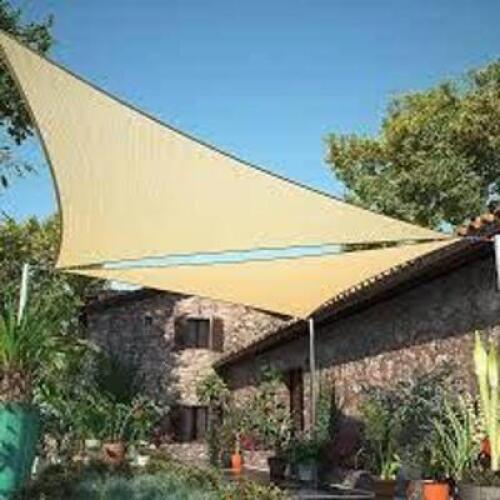 DESCRIPTION: (3) HEAVY DUTY SHADE SAIL BRAND/MODEL: X-POSE INFORMATION: TAN SIZE: 185 GSM, 10' X 10' X 10' RETAIL$: $27.99 EA QTY: 3