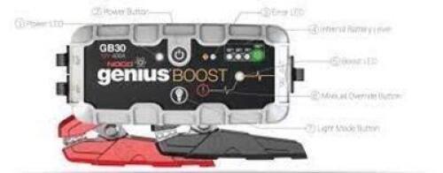 DESCRIPTION: (2) BOOSTER PACK, JUMP STARTER BRAND/MODEL: NOCO GENIUS #GB30 SIZE: 12V, 400 AMP RETAIL$: $174.99 EA QTY: 2