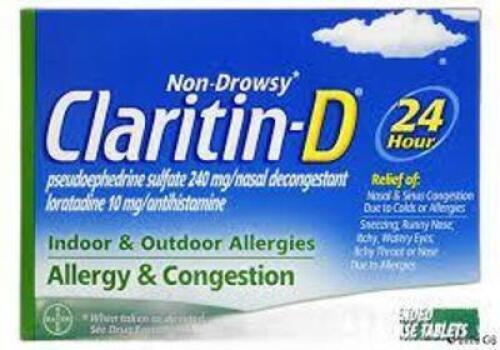 DESCRIPTION: (6) PACKS OF (10) ALLERGY AND CONGESTION TABLETS BRAND/MODEL: CLARITIN D RETAIL$: $10.00 EA QTY: 6