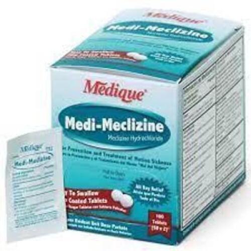 DESCRIPTION: (4) MOTION SICKNESS TABLETS BRAND/MODEL: MEDIQUE MEDI-MECLIZINE SIZE: 100 TABLETS RETAIL$: $15.04 EA QTY: 4