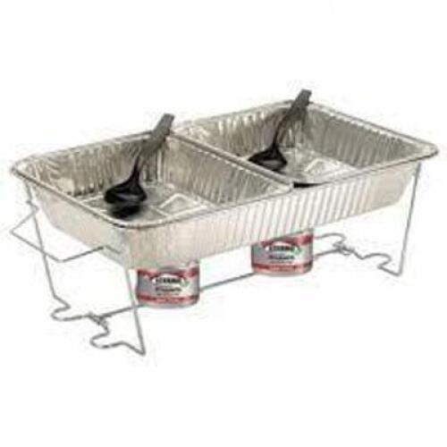 DESCRIPTION: (4) CHAFER SET BRAND/MODEL: STERNO #6UDT4 INFORMATION: ALUMINUM, INCLUDES CHAFING FUEL UTENSILS, FOLDING RACK, AND PANS RETAIL$: $50.00 E