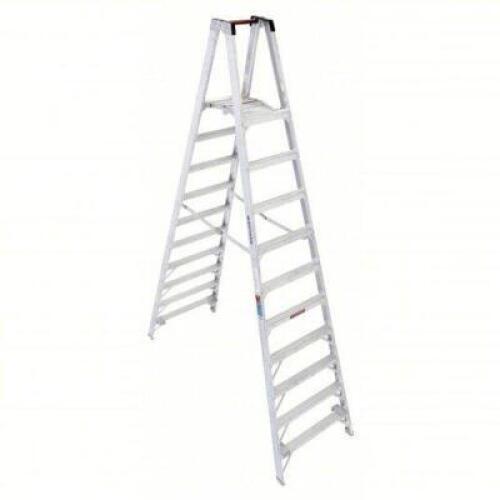 DESCRIPTION: (1) TWIN PLATFORM STEPLADDER BRAND/MODEL: WERNER #41D302 SIZE: 12 FT LADDER HT, 10 FT PLATFORM HT, 300 LB, 96 3/4 IN BASE SPREAD RETAIL$: