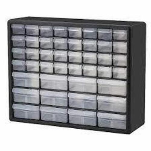 DESCRIPTION: (1) STORAGE DRAWER BIN CABINET BRAND/MODEL: AKRO-MILLS #8TTD7 INFORMATION: BLACK / GRAY SIZE: 20 IN X 6 1/2 IN X 15 3/4 IN, 44 DRAWERS, S