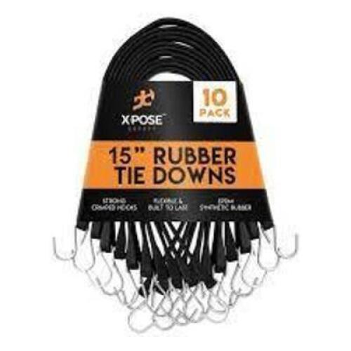 DESCRIPTION: (10) RUBBER TIE DOWNS BRAND/MODEL: X-POSE INFORMATION: BLACK SIZE: 15" RETAIL$: $33.79 TOTAL QTY: 10