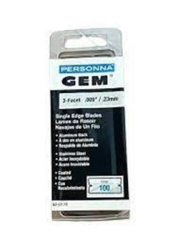 DESCRIPTION: (6) BOXES OF (100) SINGLE EDGE RAZOR BLADES BRAND/MODEL: PERSONNA GEM #62-0178 INFORMATION: ALUMINUM BLACK SIZE: 3 FACET .009" RETAIL$: $
