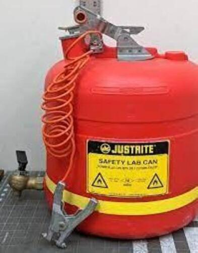 DESCRIPTION: (1) SAFETY LAB CAN BRAND/MODEL: JUSTRITE #RM09275 INFORMATION: NONMETALLIC CAN WITH SELF CLOSING FAUCET SIZE: RED, 5 GALLON RETAIL$: $98.