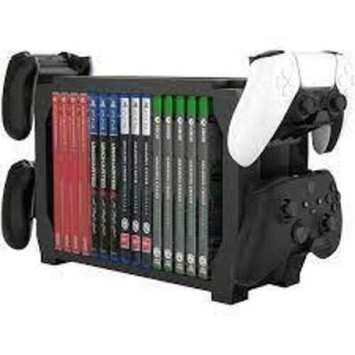 DESCRIPTION: (2) GAME STORAGE STAND BRAND/MODEL: ION X INFORMATION: BLACK SIZE: 4 CONTROLLER HOLDERS, 15 DISCS RETAIL$: $15.19 EA QTY: 2