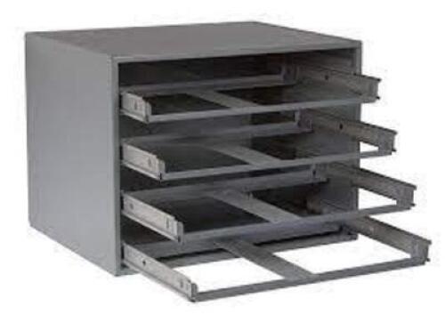 DESCRIPTION: (1) COLD ROLLED STEEL EASY GLIDE SLIDE RACK BRAND/MODEL: DURHAM #303-95 INFORMATION: 4 LARGE COMPARTMENT BOX RETAIL$: $141.09 SIZE: 20X15