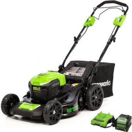 DESCRIPTION: (1) CORDLESS SELF PROPELLED LAWN MOWER BRAND/MODEL: GREENWORKS/LMF414 INFORMATION: 40V, 5.0AH BATTERY & CHARGER INCLUDED, RETAIL$: $464.7