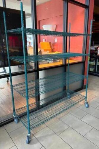DESCRIPTION: 4-TIER WIRE SHELVING UNIT ON CASTERS SIZE: 60"X24"X76" LOCATION: DINING AREA QTY: 1