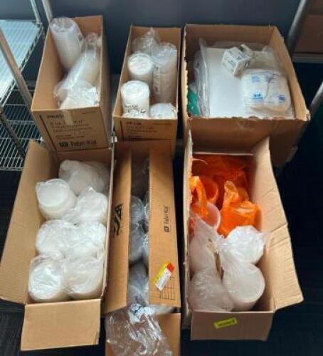 DESCRIPTION: ASSORTED PAPER AND PLASTIC CONTAINERS AS SHOWN LOCATION: SPICE ROOM QTY: 1
