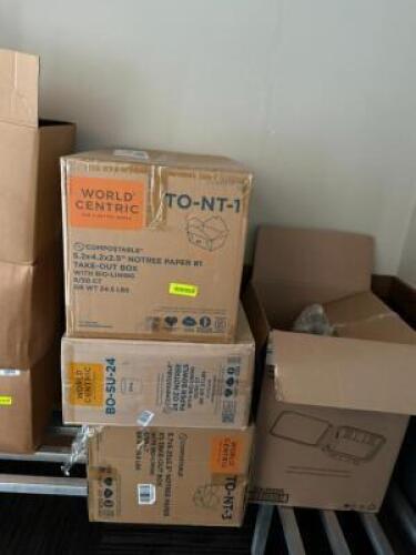 DESCRIPTION: ASSORTED PAPER AND PLASTIC CONTAINERS AS SHOWN LOCATION: SPICE ROOM QTY: 1