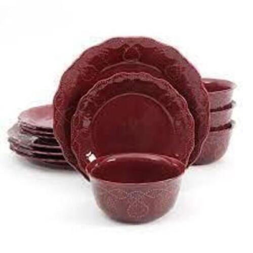 DESCRIPTION: (1) DINNERWARE SET BRAND/MODEL: PIONEER WOMAN INFORMATION: COWGIRL LACE - PLUM SIZE: 12 PIECE RETAIL$: $50.00 EA QTY: 1
