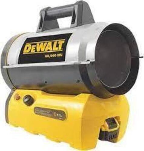 DESCRIPTION: (1) CORDLESS FORCED AIR PROPANE HEATER BRAND/MODEL: DEWALT #DXH70CFAV INFORMATION: YELLOW SIZE: 68000 BTU RETAIL$: $342.15 EA QTY: 1