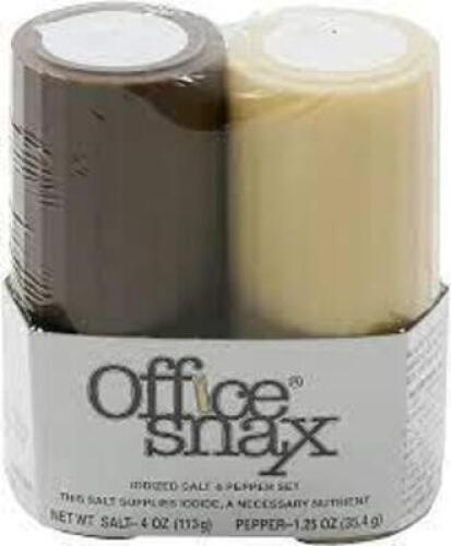 DESCRIPTION: (6) SALT AND PEPPER SHAKERS BRAND/MODEL: OFFICE SNAX #23MJ51 RETAIL$: $7.50 EA SIZE: 4 OZ SALT 1.5 OZ PEPPER QTY: 6