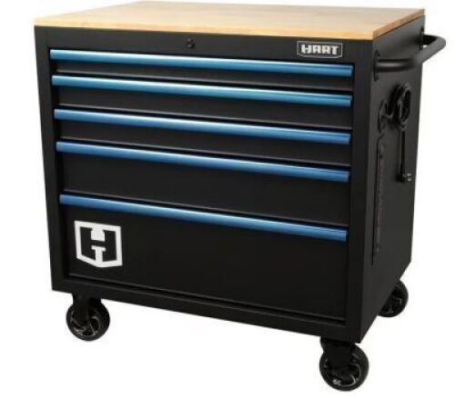 DESCRIPTION: (1) 5-DRAWER MOBILE TOOL CHEST WORKBENCH BRAND/MODEL: HART/HART36MWC5XD INFORMATION: WOOD TOP, INTEGRATED POWER STRIP WITH USB PORTS RETA