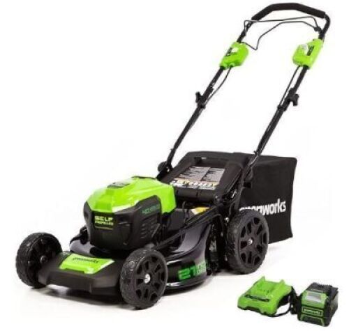 DESCRIPTION: (1) BRUSHLESS CORDLESS LAWNMOWER BRAND/MODEL: GREENWORKS/LMF414 INFORMATION: SELF PROPELLED, BATTERY & CHARGER INCLUDED RETAIL$: $449.95