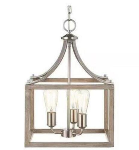 BOSWELL QUARTER 14 IN. 3-LIGHT BRUSHED NICKEL FARMHOUSE SQUARE CHANDELIER WITH PAINTED WEATHERED GRAY WOOD ACCENTS