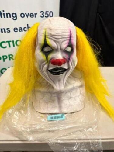 DESCRIPTION PROFESSIONAL SILICONE CLOWN MALE MASK. W/ YELLOW MULLET ADDITIONAL INFORMATION SELLER INDICATES COST ON MASK PRODUCTION AT $3000 RETAIL PR