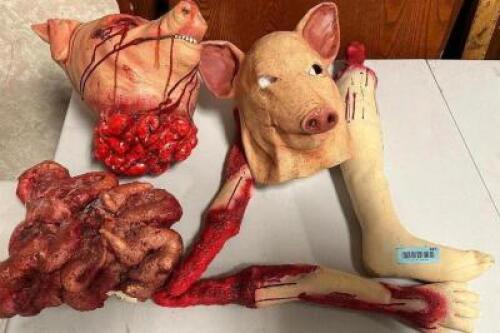 DESCRIPTION SILICONE PIGMAN MASK W/ ASSORTED PIG MAN PROPS. QTY 1