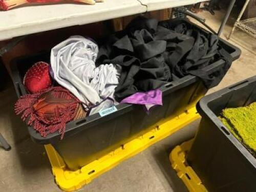 DESCRIPTION PLASTIC TOTE AND CONTENTS - ASSORTED FABRIC AND PILLOWS - FORTUNE TELLER ROOM THIS LOT IS: ONE MONEY QTY 1