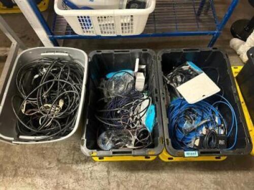 DESCRIPTION (3) ASSORTED TOTES OF DATA CABLE, POWER CORDS, MISC. ELECTRONICS. THIS LOT IS: ONE MONEY QTY 1