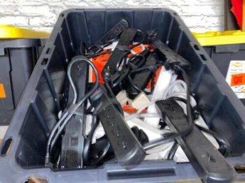 DESCRIPTION TOTE AND CONTENTS - ASSORTED SURGE STRIPS AND EXTENSION CORDS. THIS LOT IS: ONE MONEY QTY 1