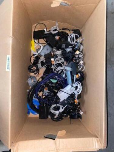 DESCRIPTION (1) BOX OF ASSORTED POWER CABLES AND DATA CORDS. THIS LOT IS: ONE MONEY QTY 1