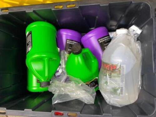 DESCRIPTION TOTE AND CONTENTS - ASSORTED PARTIAL JUGS OF FOG MACHINE FLUID. THIS LOT IS: ONE MONEY QTY 1