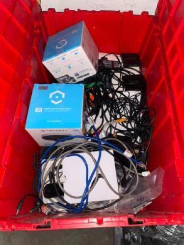 DESCRIPTION TOTE AND CONTENTS - ASSORTED POWER CORDS DATA CABLES THIS LOT IS: ONE MONEY QTY 1