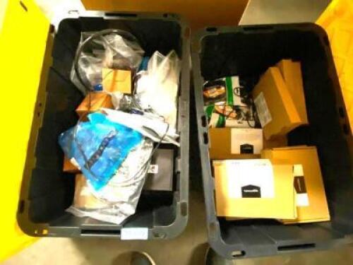 DESCRIPTION (2) PLASTIC TOTE AND CONTENTS - ASSORTED POWER CORDS DATA CABLES THIS LOT IS: ONE MONEY QTY 1