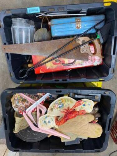 DESCRIPTION (2) PLASTIC TOTE AND CONTENTS - ASSORTED KITCHEN AND GARAGE PROPS. THIS LOT IS: ONE MONEY QTY 1