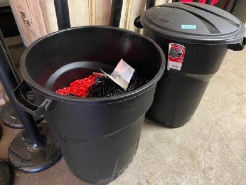 DESCRIPTION (2) TRASH CANS W/ CONTENTS - ASSORTED RED AND BLACK PLASTIC CHAIN FOR STANCHIONS. THIS LOT IS: ONE MONEY QTY 1