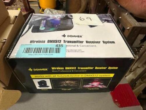 DESCRIPTION DONNER DMX512 WIRELESS TRANSMITTER RECEIVER SYSTEM BRAND / MODEL: DONNER DMX512 RETAIL PRICE: $129 QTY 1