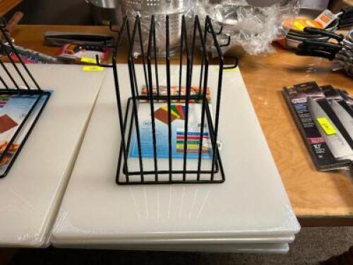 (4) 18" X 24" WHITE PLASTIC CUTTING BOARDS W/ CUTTING BOARD RACK.