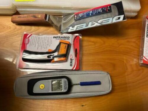 STAINLESS TURNER, WINCO THERMOMETER, AND MEAT THERMOMETER.