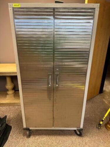 ULINE HIGH END ROLL ABOUT STORAGE CABINET W/ STAINLESS FRONT DOORS.