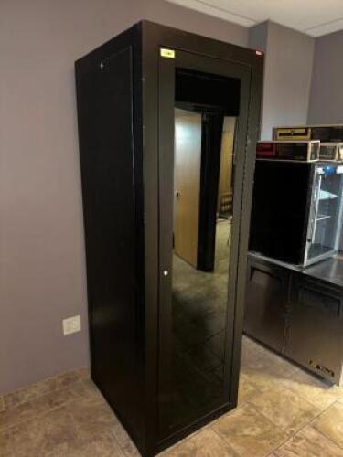 BLACK ELECTRONICS CABINET W/ CONTENTS.