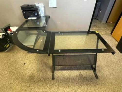 64 "X 64" " L " SHAPED GLASS TOP DESK.
